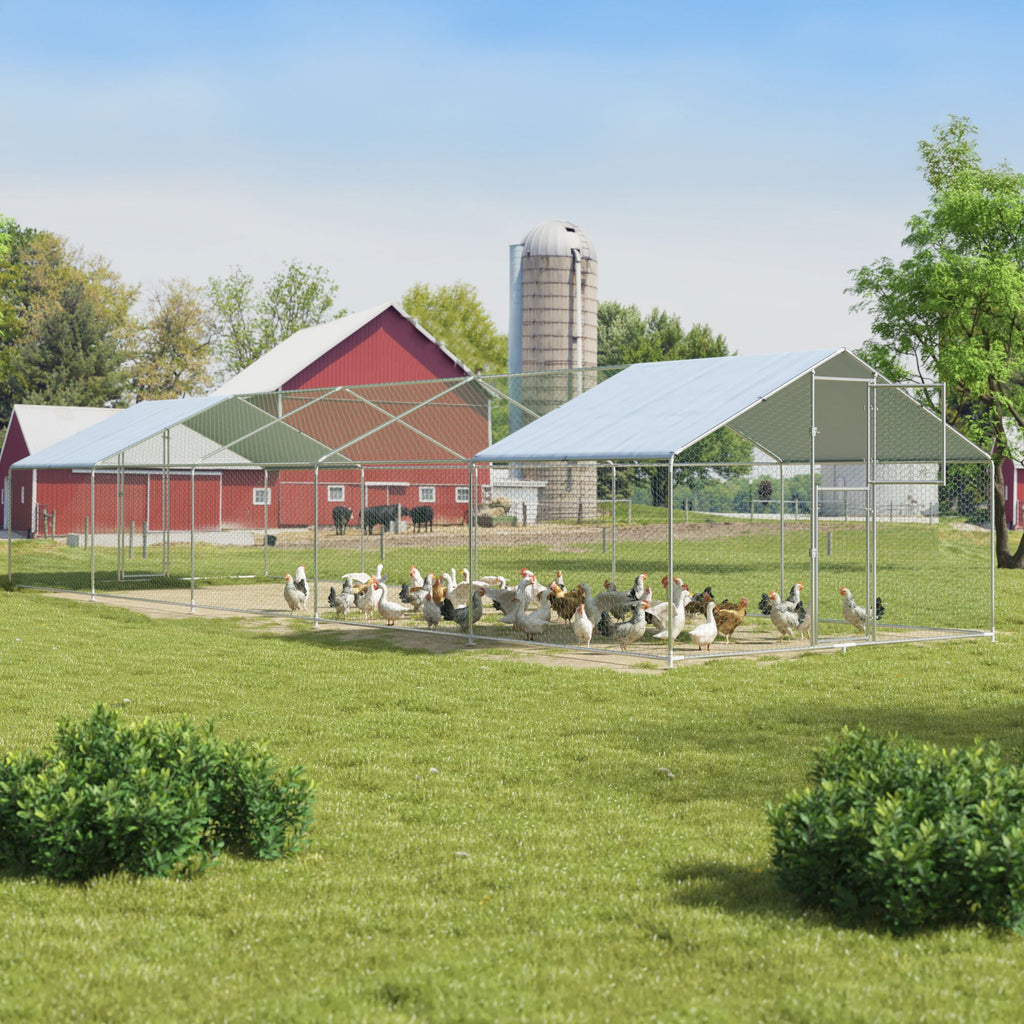Walk-In Chicken Run with Feeding Port and UV-Resistant Cover, Galvanized Outdoor Poultry Enclosure