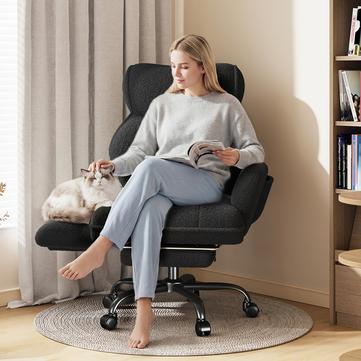Big Tall Office Chair, Flip Armrests For Pets & Cross Legged Sitting, Adjustable Back & Footrest, Comfortable Fabric Executive Ergonomic Chair For Office, Study, Meeting Room, Pink, White, Black, Grey