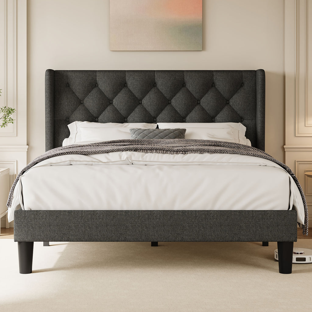 Valnase Modern Style Platform Bed Frame with 24"H Button Tufted Headboard, Solid Wood Slats Support, Artistic Legs Design - Dark Grey/Light Grey/Black Linen & White Velvet Options, Bed Frame for Home Bedroom