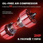 10 Gallon Ultra Quiet Air Compressor with Two Quick Couplers, 2HP 8.76 CFM at 115PSI Oil-Free Air Compressor Tank, 110V/60Hz, Spray Painting, Woodwork Nailing