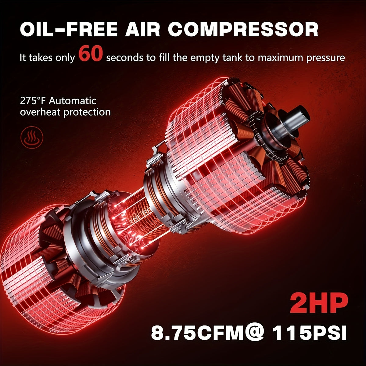 10 Gallon Ultra Quiet Air Compressor with Two Quick Couplers, 2HP 8.76 CFM at 115PSI Oil-Free Air Compressor Tank, 110V/60Hz, Spray Painting, Woodwork Nailing