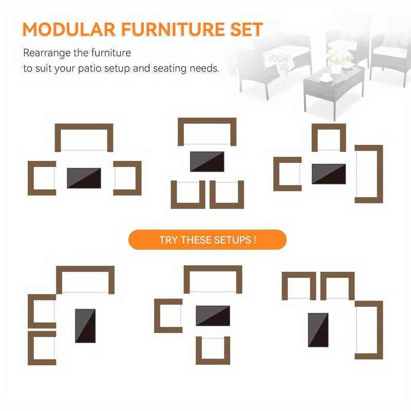 PUPATIOB 4pcs Wicker Patio Conversation Set, Outdoor Rattan Sofas with Table Set, Patio Furniture Set with Soft Cushions & Tempered Glass Coffee Table for Poolside Balcony