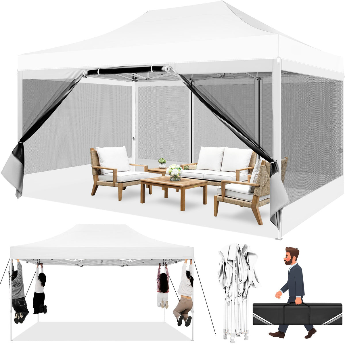 Hoteel 10x15 Heavy Duty Pop Up Canopy Tent with 4 Sidewalls, Commercial Gazebo Party Tent with Mosquito Netting Wall Easy Up Outdoor Instant Screen Tent for Backyard, Beach, Patio, Garden