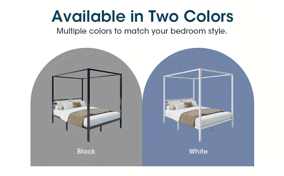 WEEWAY Heavy-Duty Metal Canopy Bed Frame with 4 Sturdy Posts & 3 Reinforced Crossbars - Easy Assembly, No Box Spring Needed, Modern Design for Full/Queen Size Beds (Black/White), Bedroom Furniture, Elegant Bedroom Style, Smooth Finish, Contemporary Furnit
