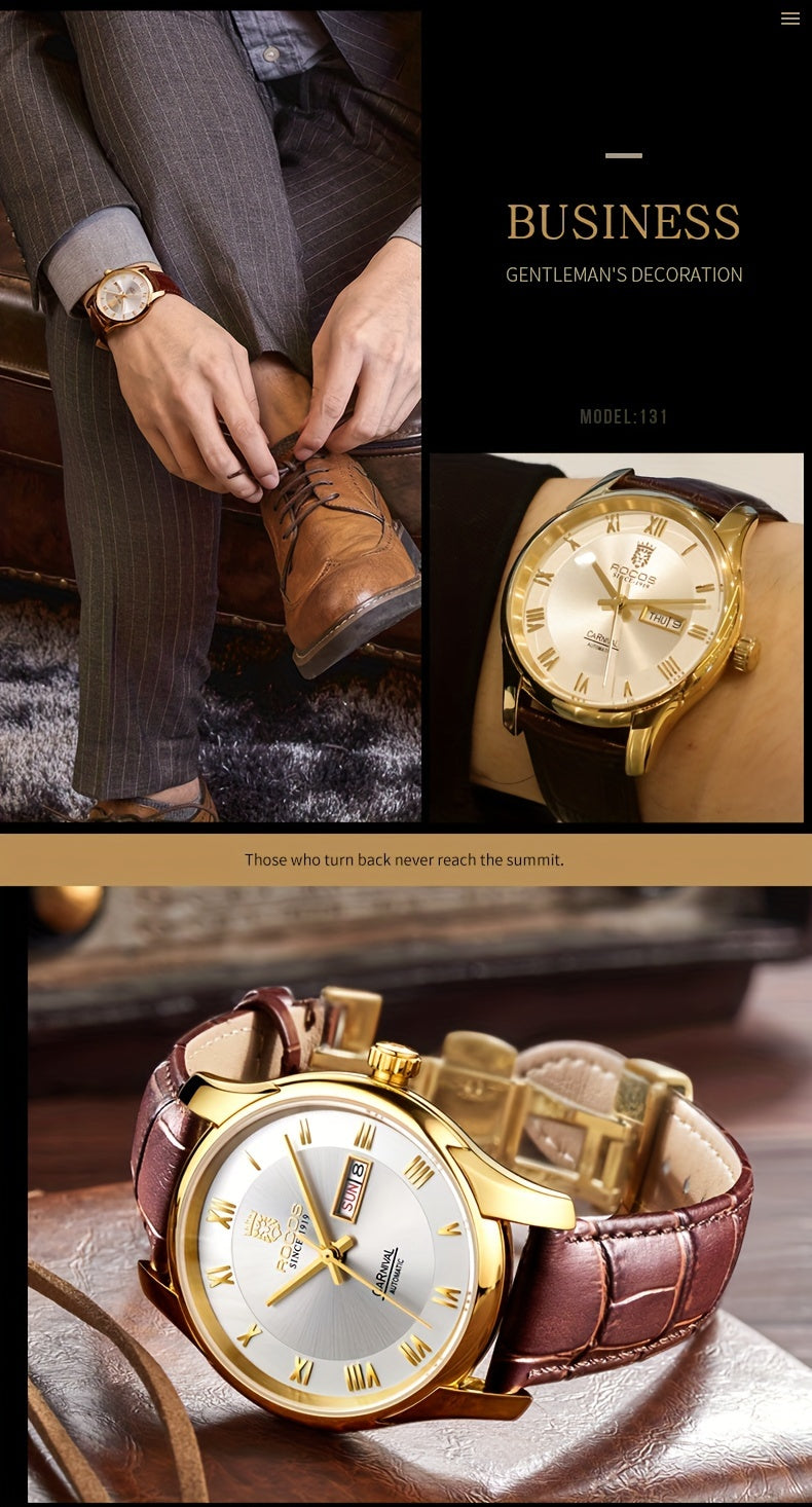 ROCOS Brand Luxury Golden Men's Watches High-end Business Simple Fashion Men's Watches Automatic Mechanical Watches Sun Pattern Brushed Dial Calfskin Strap Waterproof Men's Watches Week Calendar Display Gifts for Men