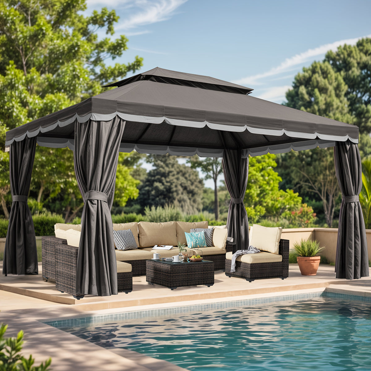 10'x13' Heavy-Duty Outdoor Patio Gazebo with Double Roof, Party Tent Suitable for Backyard, Deck, Garden - Assembly, Mosquito Netting & Curtains, Spacious Shelter for Parties, BBQs, Outdoor Events
