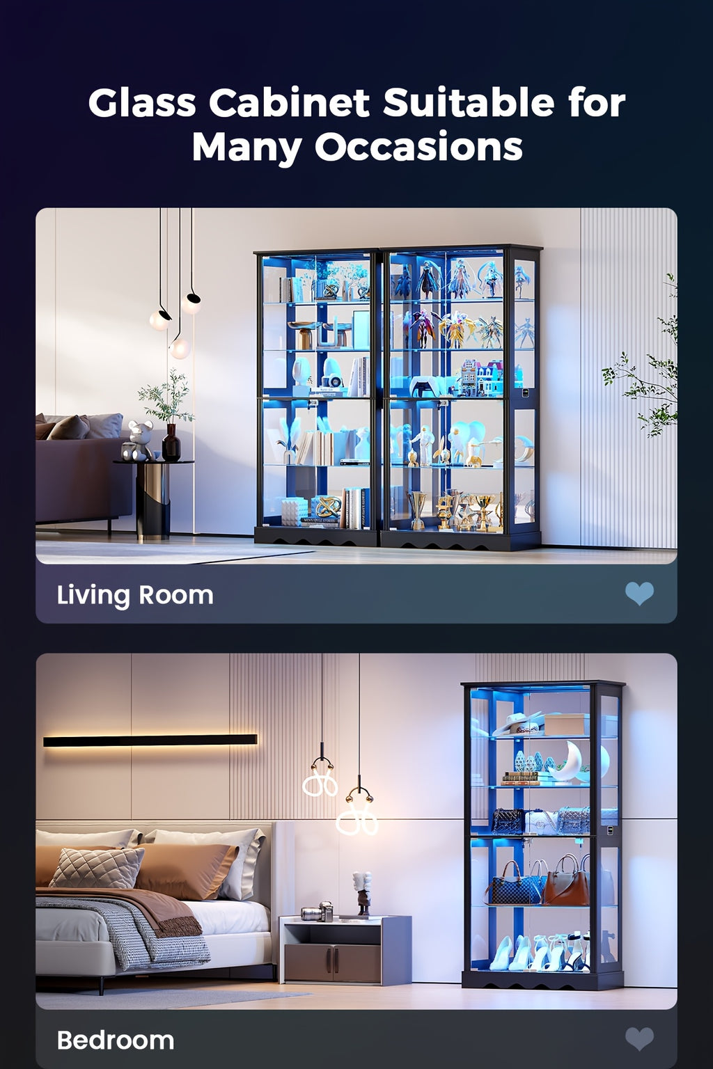 Display Cabinet with Glass Doors, 71'' Tall Curio Cabinet with RGB Lights for Collectibles, LED Display Case with Removable Shelf for Book/Medal/Figure, Black And White