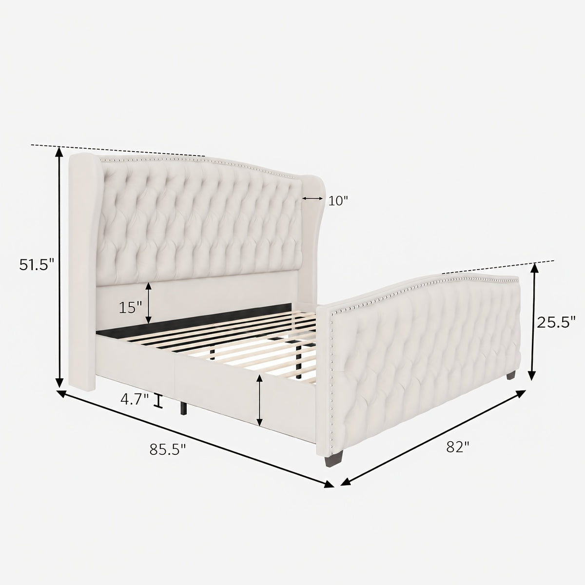 Handcrafted Velvet Bed Frame Featuring a Wingback Headboard, Adorned with Button Tufting And Nailhead Accents, Supported by Wooden Slats.