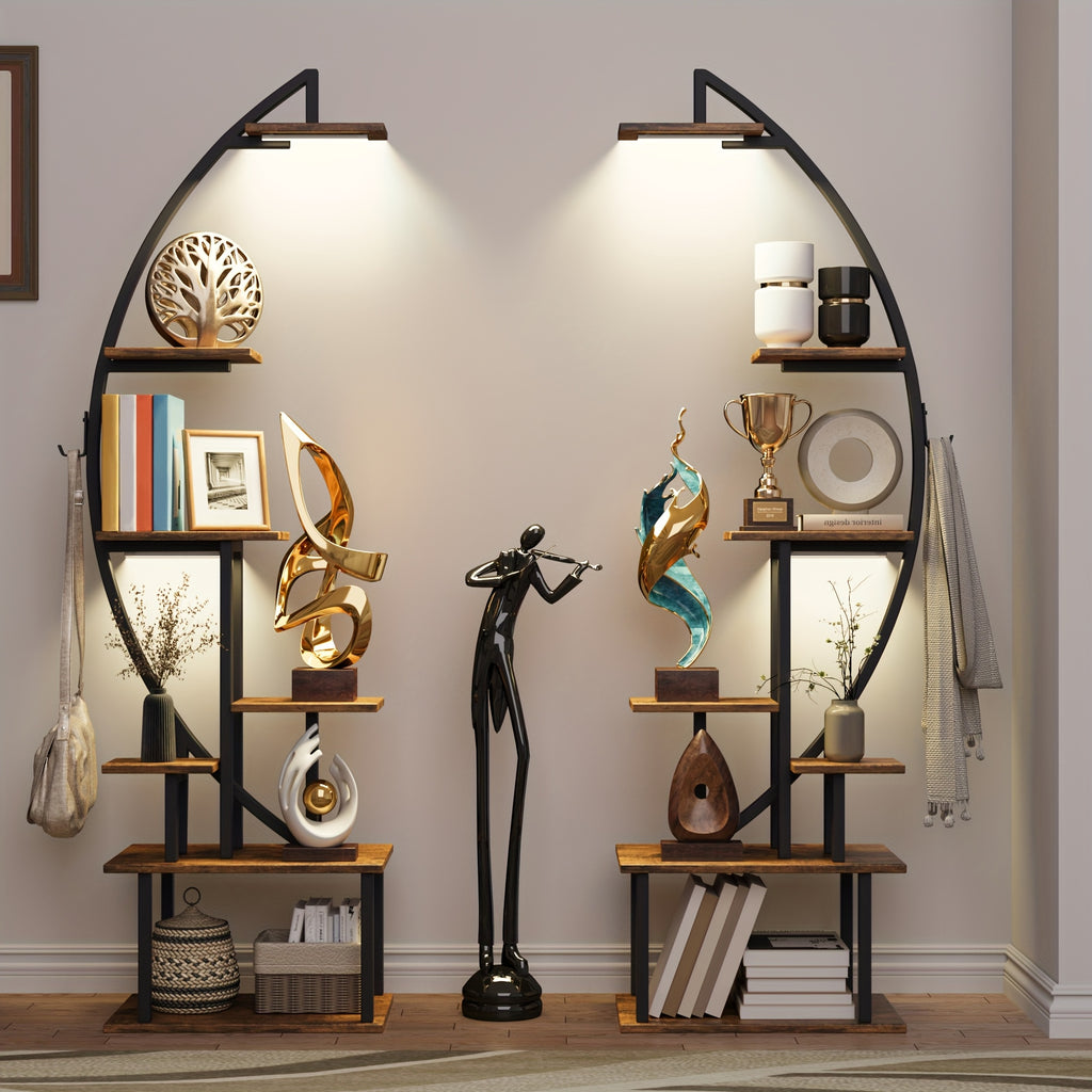 2pcs Bookshelf with Lights, 7 Tiered 65' Multi-Functional Metal Black And Brown Shelving Unit Wooden Bookcase for Books Handicraft Decorations Frames Multiple