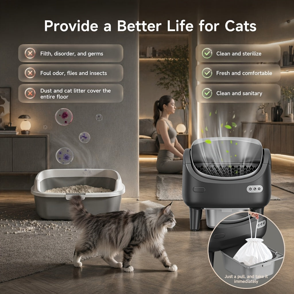 [Self-Cleaning Litter Box] Extra-Large Smart Self-Cleaning Litter Box with Built-In Sterilizing Light for Double Deodorization, Large-Capacity Waste Tray, 14-Day Automatic Cleaning, Open Design, Ideal Choice for Busy Households, Without Battery