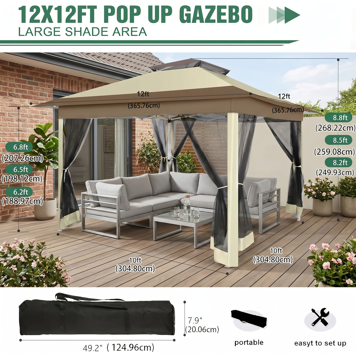 12x12ft/13x13ft Pop-Up Gazebo, Canopy with 4 Removable Mosquito Nets, Includes 4 Sandbags And Carry Bag, 3 Height Adjustments, Outdoor UV-Protective Gazebo, Easy to Carry And Set Up, Ideal for Gardens, Lawns, Parties, Camping, Fairs, Outdoor Events