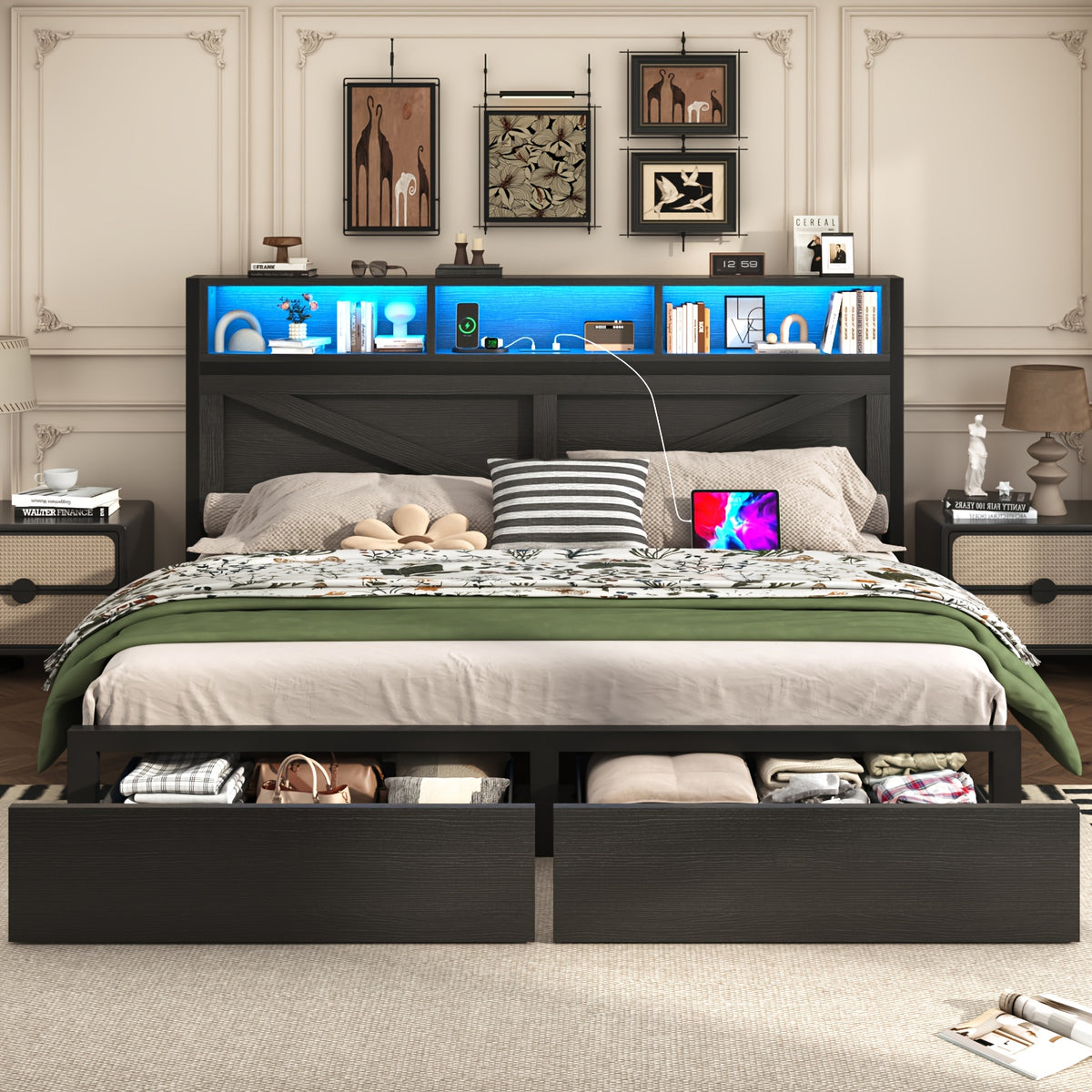 Farmhouse Bed Frame with Storage Headboard, LED Lights, Charging Station and 2 Drawers, Arrow Design, No Box Spring Needed, Rustic Brown