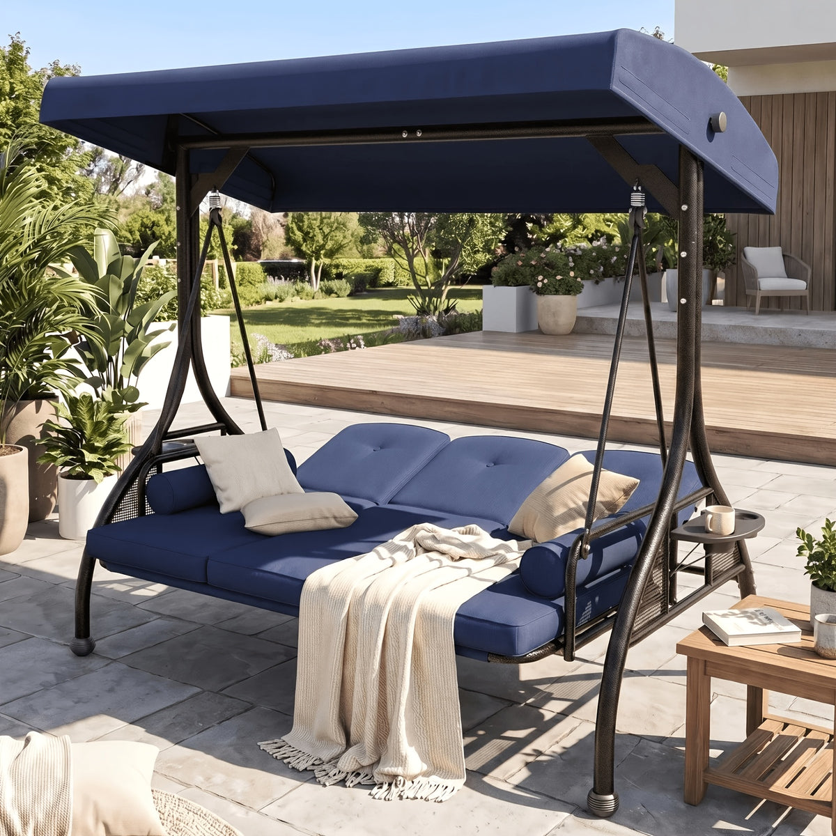 3 Person Patio Porch Swing Outdoor Converting Swing Glider Hammock with Adjustable Canopy, Cushions for Outside Backyard, Garden(Pillow Not Included)
