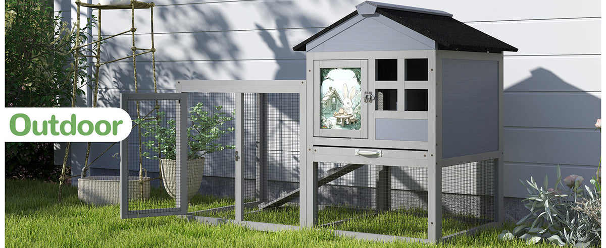 2-Tier Wood Rabbit Hutch, Indoor Outdoor Small Animal House with Removable Tray, Ramp, Openable Roof, Bunny Cage, Grey/Orange with Colorful Patterns