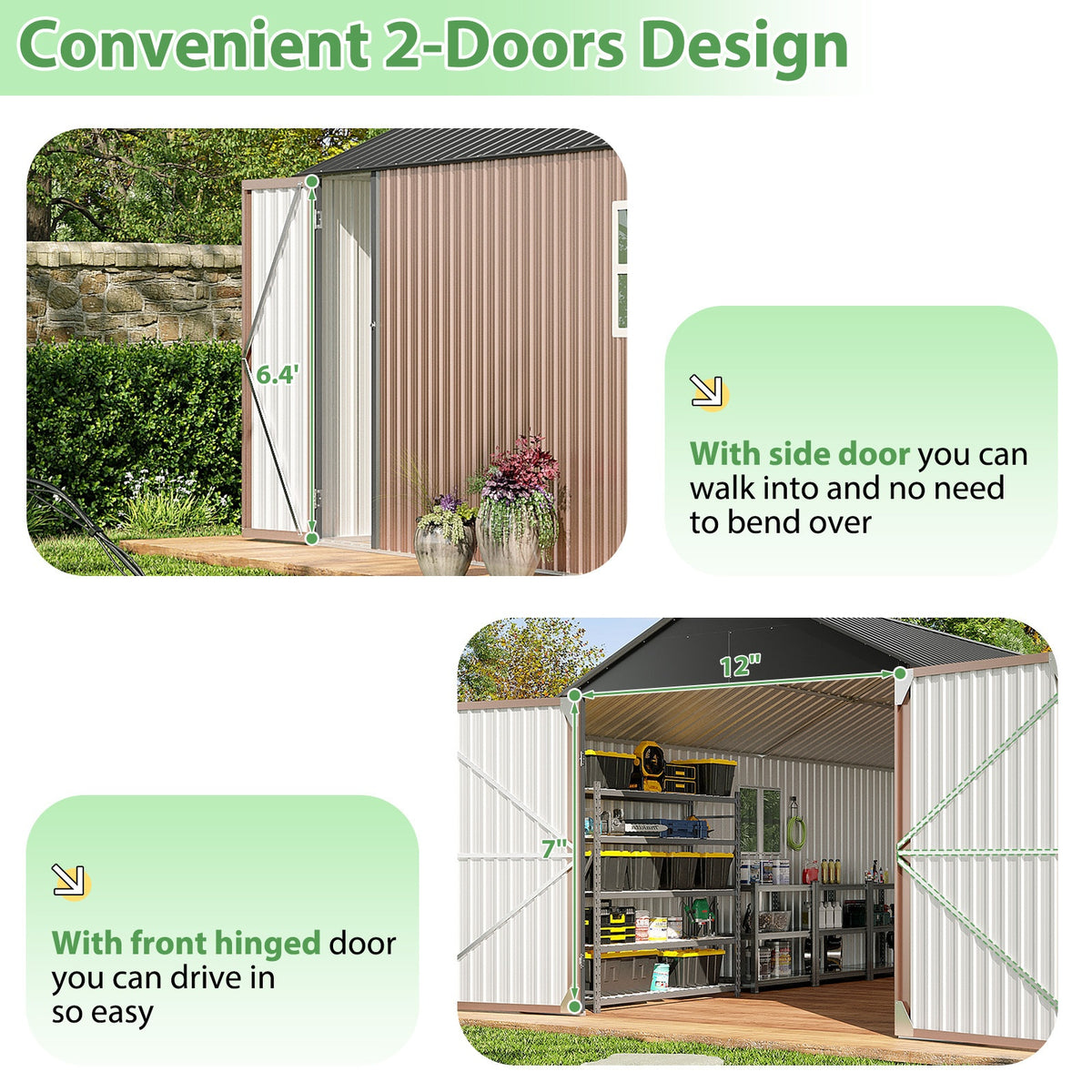 ULSMVOC 12X20X9.3/10X12/6X4 FT Metal Storage Shed - Outdoor Garden Shed Kit, Lockable Tool Shed, Backyard Shed with Double Hinged Doors, 4 Windows, Carport for Car, Truck, Bike And Lawn Mower & Equipment, Brown