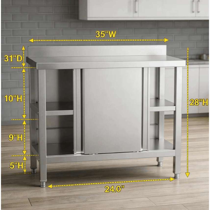 MEFEIR Commercial Stainless Steel Prep Table - 35"x28" Heavy Duty Kitchen Work Table w/ 2 Sliding Door Cabinet & Backsplash, Large Storage for Restaurant Food Prep