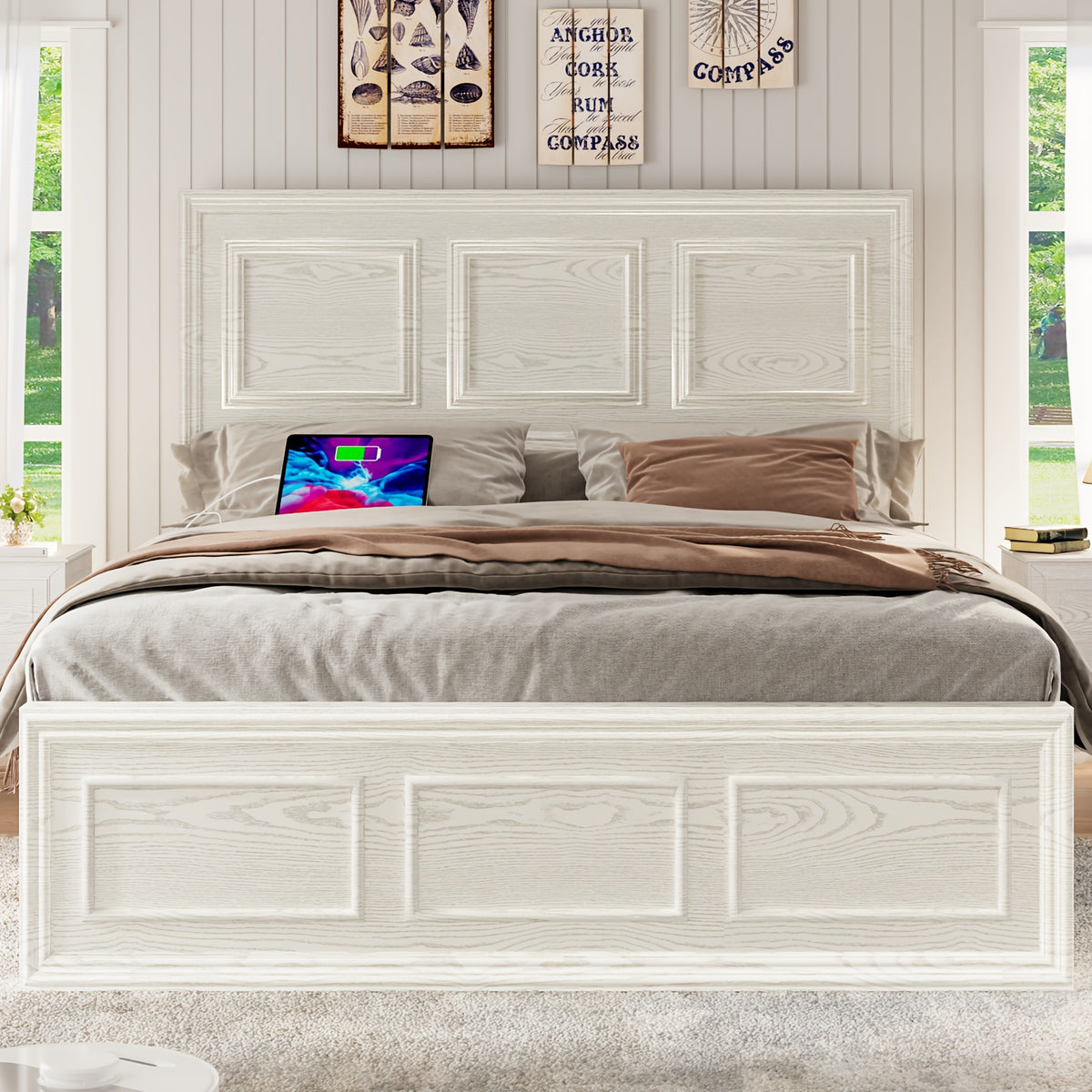 Platform Bed Frame with Headboard, Farmhouse Style, Height Adjustable, Brown and White