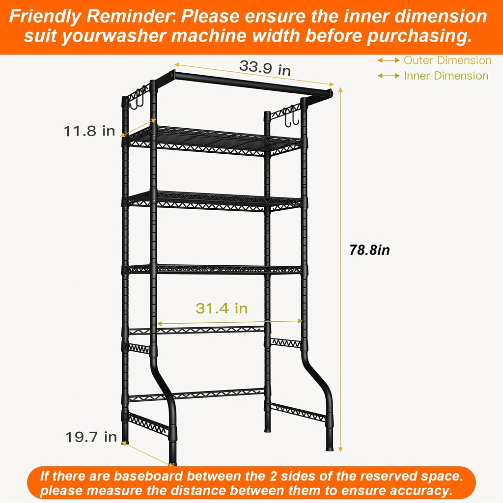 Heavy-Duty 6-Tier Freestanding Laundry Shelf Over Washer Dryer | Extra Wide Storage Organizer | 6 Adjustable Shelves + 2 Hanging Rods | 1200lbs Capacity | 57.8"W X 77.4"H, Black, Standing Shelf