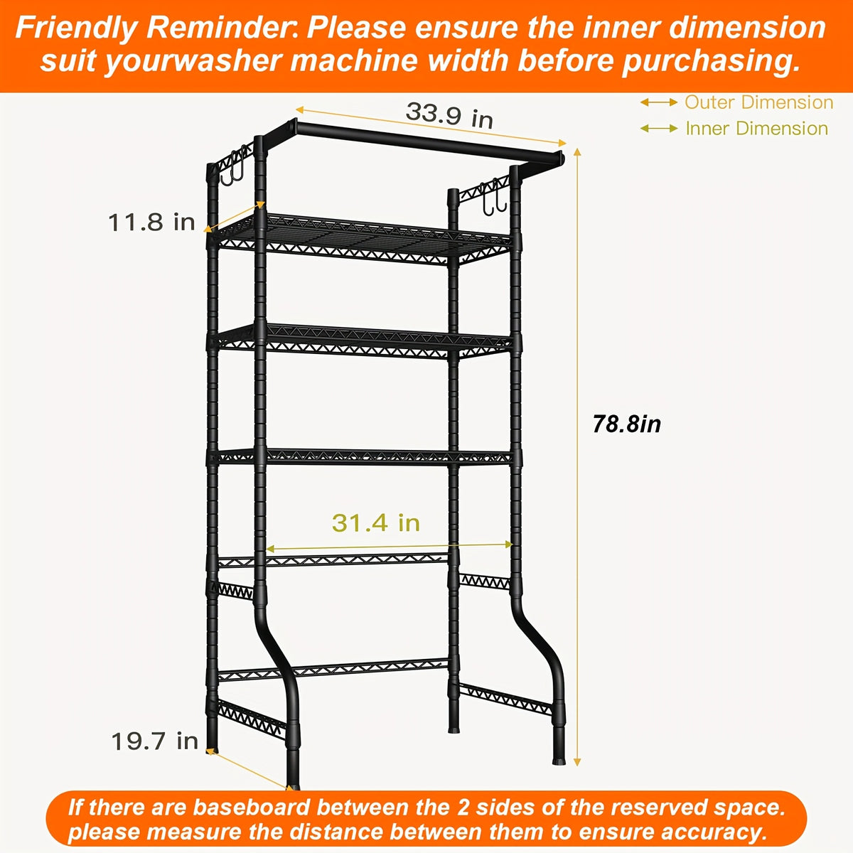 Heavy-Duty 6-Tier Freestanding Laundry Shelf Over Washer Dryer | Extra Wide Storage Organizer | 6 Adjustable Shelves + 2 Hanging Rods | 1200lbs Capacity | 57.8"W X 77.4"H, Black, Standing Shelf