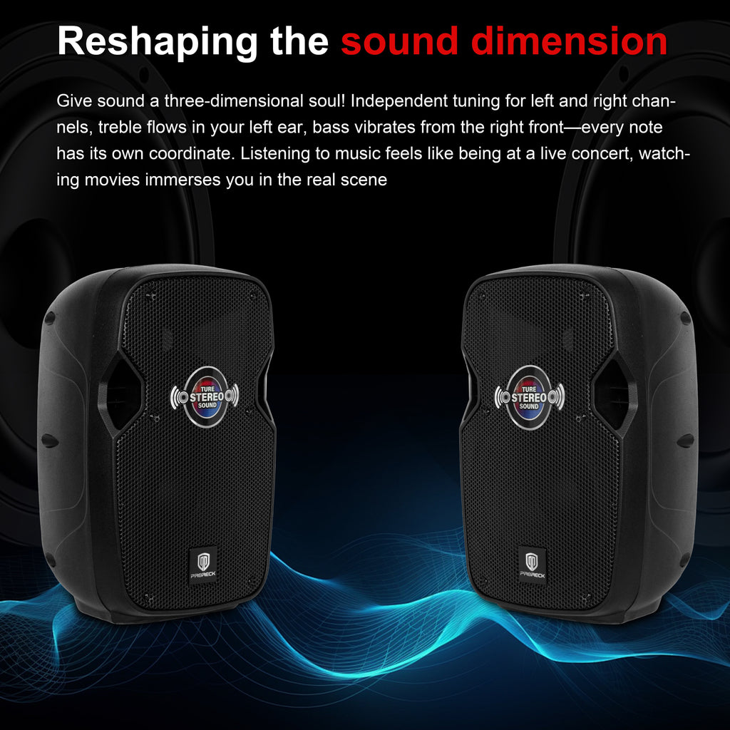 900W P.M.P.O. True Stereo Powered Wireless PA Speaker System with Active and Passive Loudspeakers, Wired Microphone, Stands, Remote, MP3/USB/SD/AUX Inputs