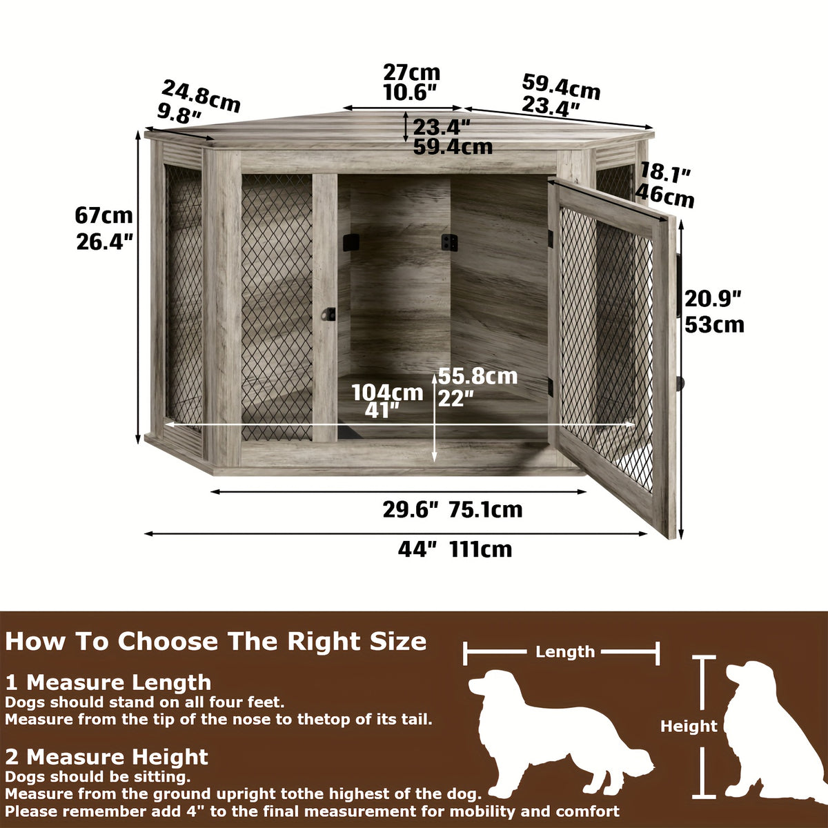Furniture Corner Dog Crate, 52" Wooden Dog Kennel Furniture End Table with Mesh, Indoor Pet Crate Side Table for Small Medium Dogs Puppy, Perfect for Limited Room