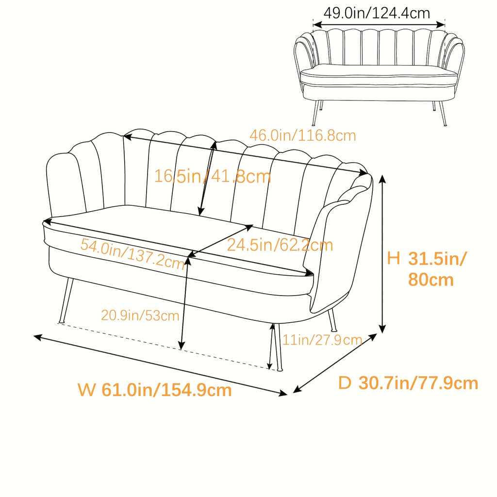 Comfy Loveseat Sofa Small Couch 2-Seater Sofa with Golden Metal Legs for Living Room, Bedroom, Apartment