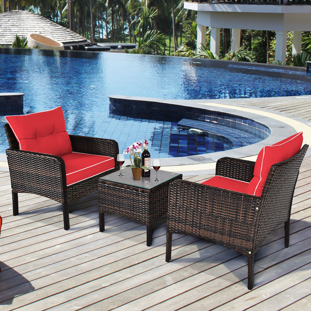 Patio Conversation Set by COSTWAY with Two Cushioned PE Rattan Chairs and Tempered Glass Side Table