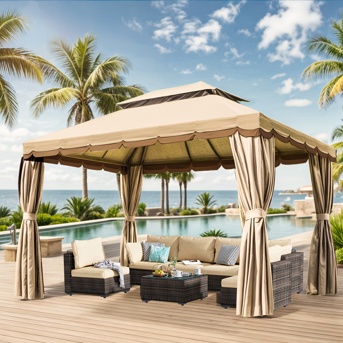 Outdoor Patio Gazebo 10'x13', Heavy Duty Party Tent & Shelter With Double Roofs, Mosquito Nettings And Privacy Screens For Patio Lawn And Garden, Brown