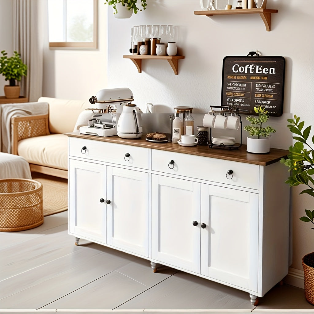 55-Inch Sideboard Buffet Unit, Mid-Century Kitchen Storage Cabinet Featuring 2 Drawers And 4 Doors, Coffee Bar Storage Cabinet