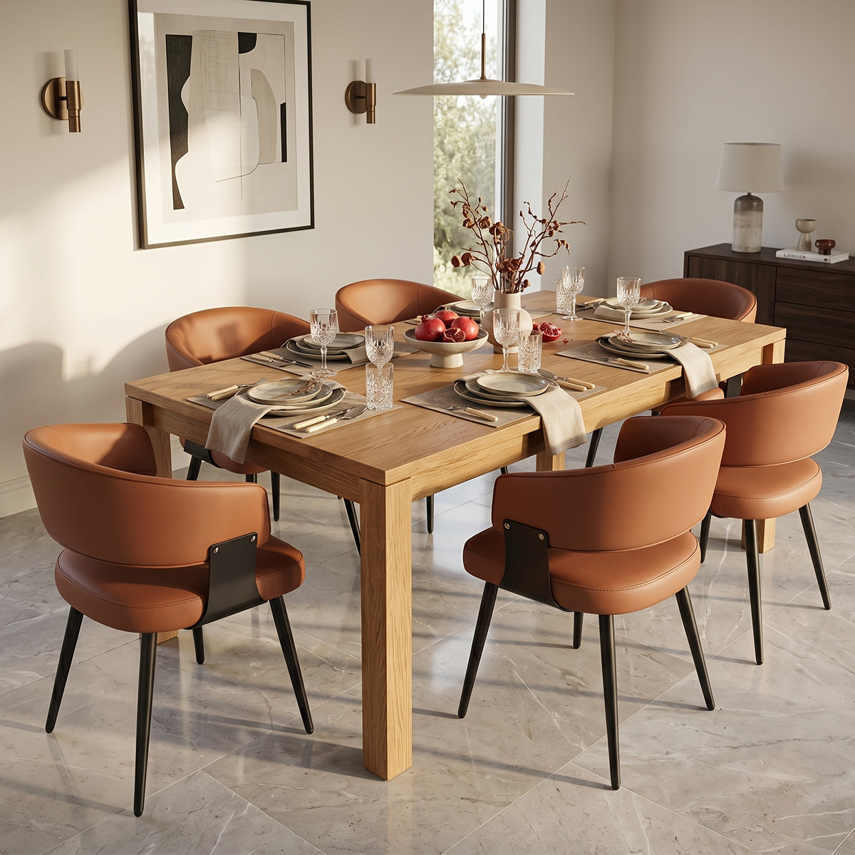 Modern Dining Chairs Set Of 2, Upholstered Faux Leather Kitchen Side Chairs with Curved Open Back, Easy Assembly for Dining Room, Restaurant, Cafe, Warm