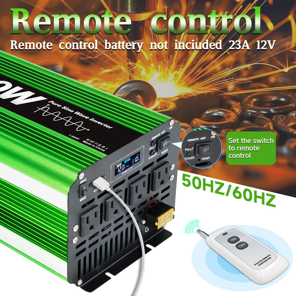 Pure Sine Wave Inverter 10000 Watt (Peak) Vehicle Power Inverter, Converts 12 Vdc to 110 Vdc to 120 Vdc, with LCD Display, Remote Control and Troubleshooting, 4 US Sockets for Car Onboard Chargers, for Home Solar Systems, RV's, and Vans, without Batteries