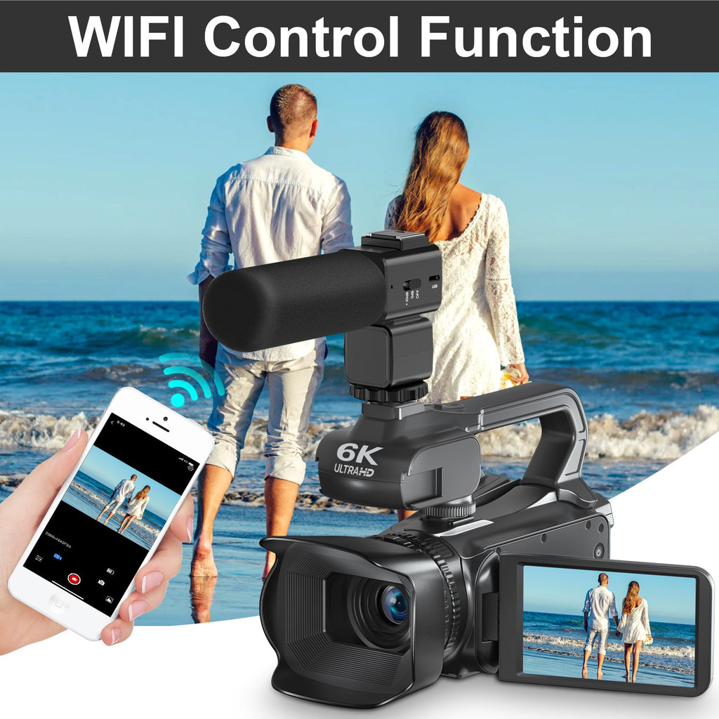 [WiFi | 6K] 64MP 18X Digital Zoom Night Vision Handheld Digital Camcorder with Handheld Stabilizer Mount/Cover, Vlogging 4.0-inch 270-degree Rotating IPS Touchscreen with 2.4G Remote Control, Microphone, 64GB Memory Card, and Lens Hood. The Perfect