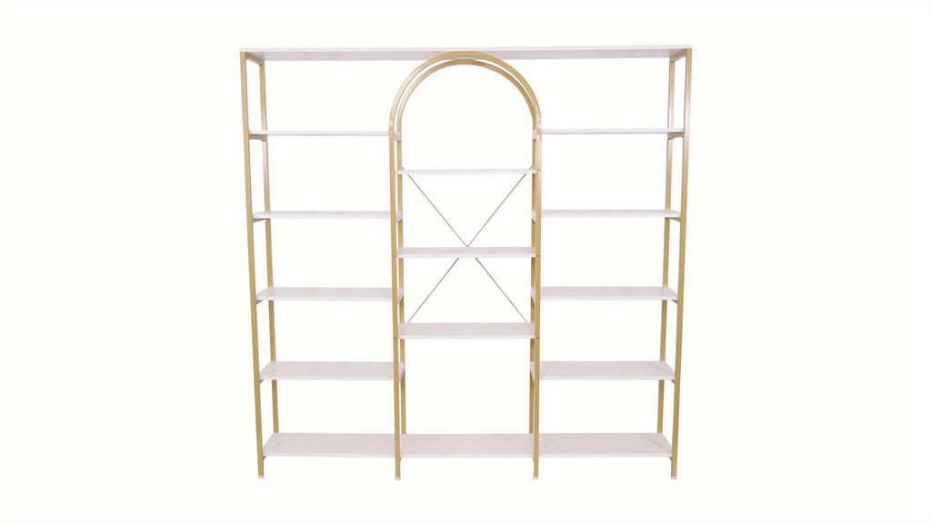 Triple Wide 5-Tier Large Open Bookshelf, Tall Storage Display Shelf With Metal Frame, Extra Large Golden Bookcase, Freestanding Etagere Bookcase With Display Shelf For Home Office