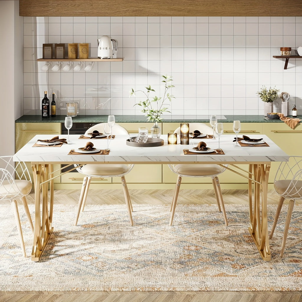 Modern Dining Table, 63" Large Kitchen Table for 4-6 People, Unique Rectangular Dinner Table Kitchen & Dining Room Furniture with Faux Marble Tabletop And Geometric Legs