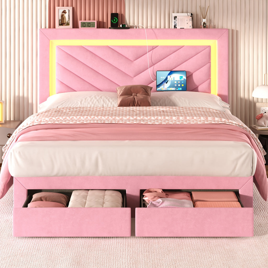 Pink Bed Frame with LED Headboard and Charging Station, 2 Storage Drawers, No Box Spring Needed, Noise Free