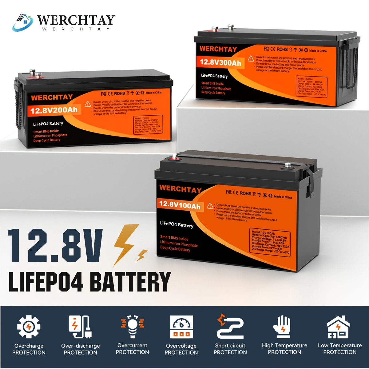 [Intelligent BMS Protection] WERCHTAY 12.8V LiFePO4 Battery 300/200/100Ah, Equipped with A+ Grade Battery Chips, 25000+ Deep Cycle Cycles, Intelligent BMS with Overcharge and Over-Discharge Protection, Suitable for Home Energy Storage, Outdoor RVs, and Of