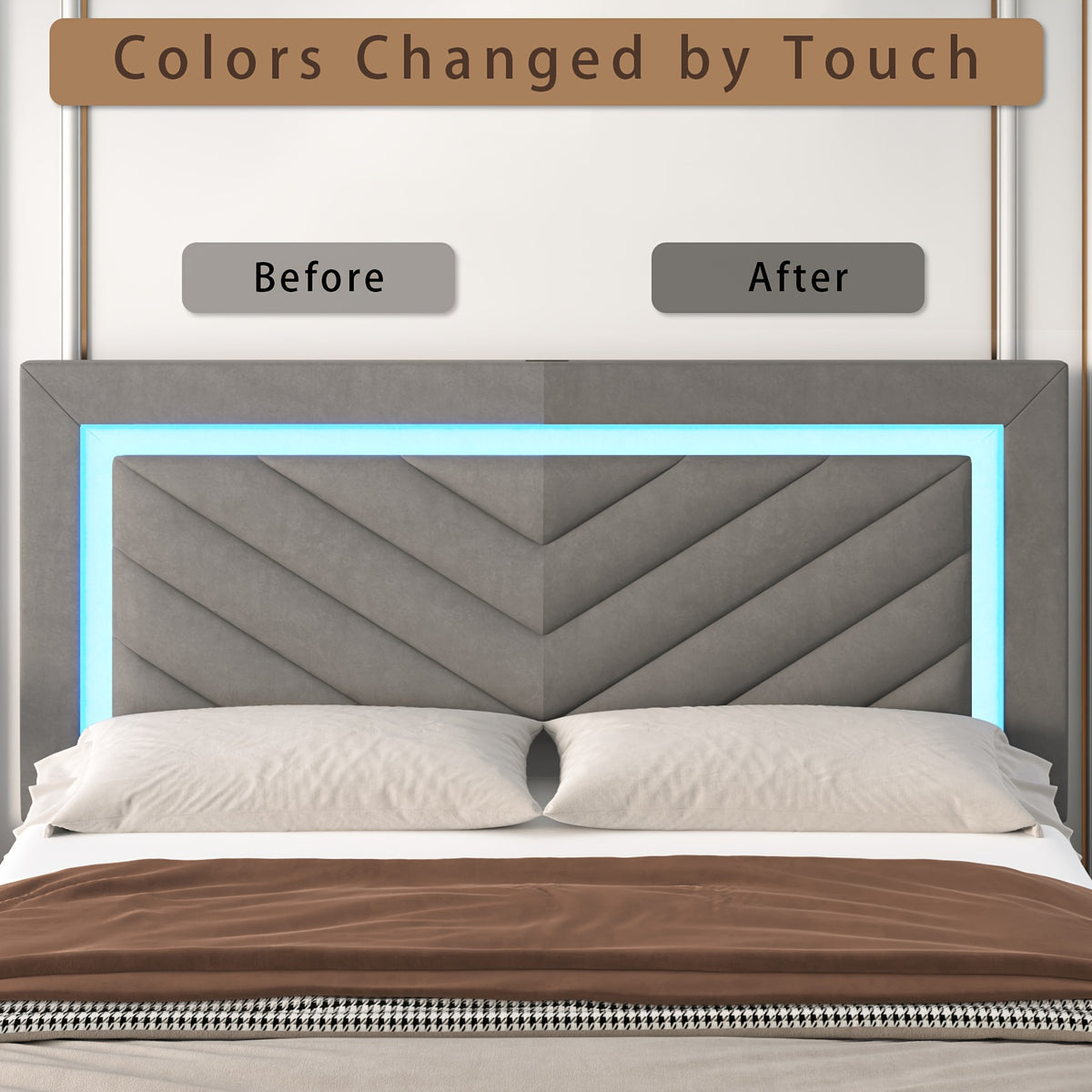 Platform Bed Frame with LED Adjustable Headboard, Upholstered Bed Frame with Storage Drawers And Charging Station, Twin, Full, Queen, No Box Spring Needed, Noise Free