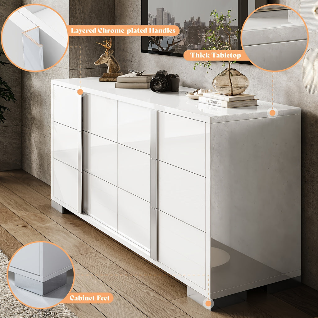 Modern 54" W High Gloss 6-Drawer Dresser with Silvery Handles, Spacious Storage Chest with Wide Top for Bedroom, Closet, Or Living Space