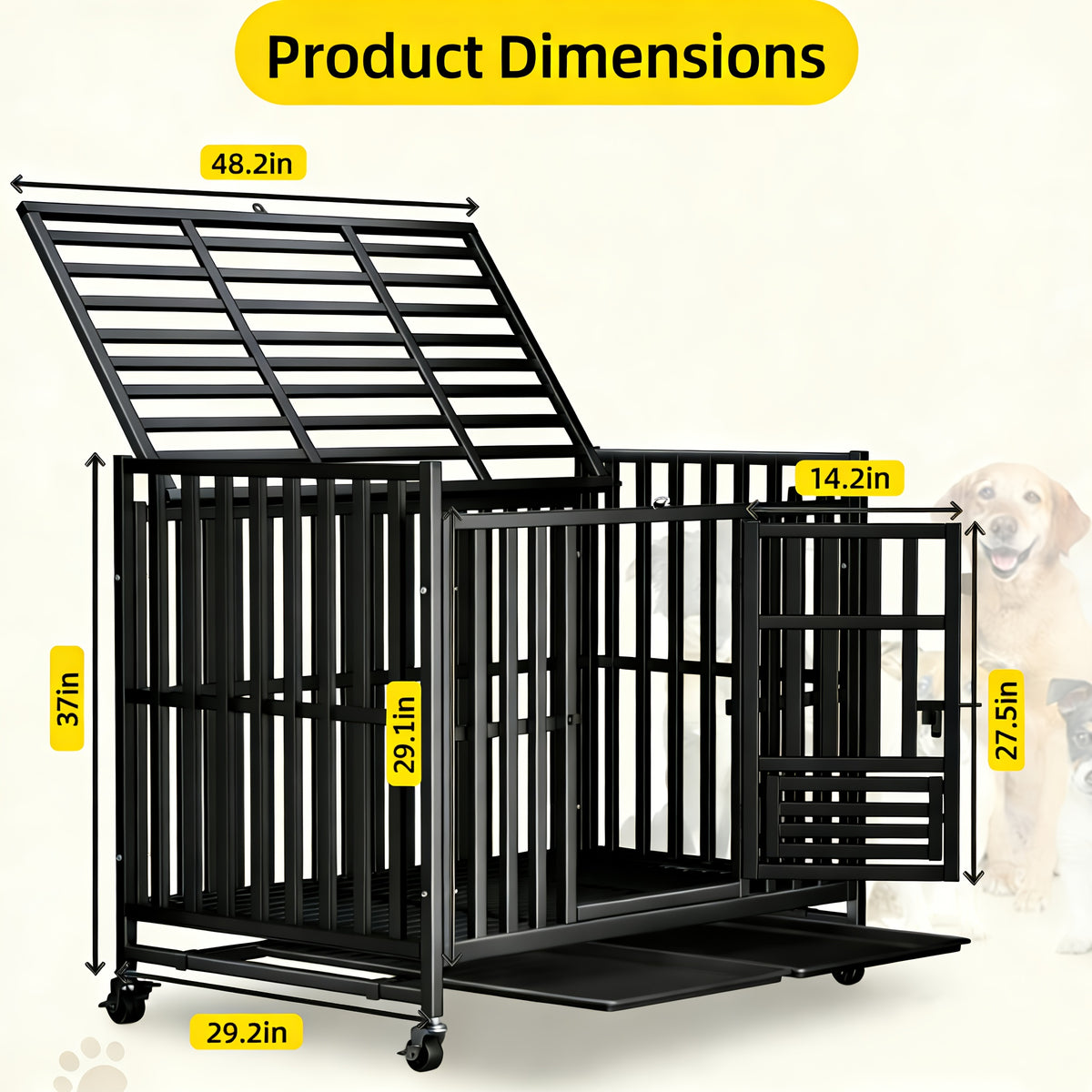 Extra Large Heavy Duty Dog Cage, 43.2 Inch - Indestructible Metal Kennel, Escape-Proof, with Lockable Wheels And Triple Doors, Ideal for High-Anxiety Pets, Indoor/Outdoor Use, High-Anxiety Pet Cage