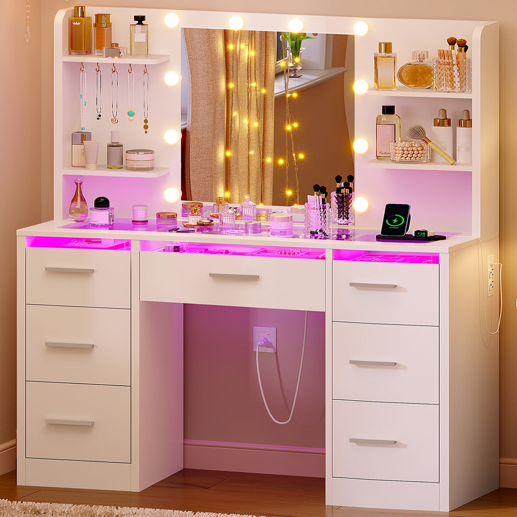Makeup Vanity Table with LED Lighted Mirror, Power Outlet, 7 Drawers, 4 Shelves, 5 Jewelry Hooks