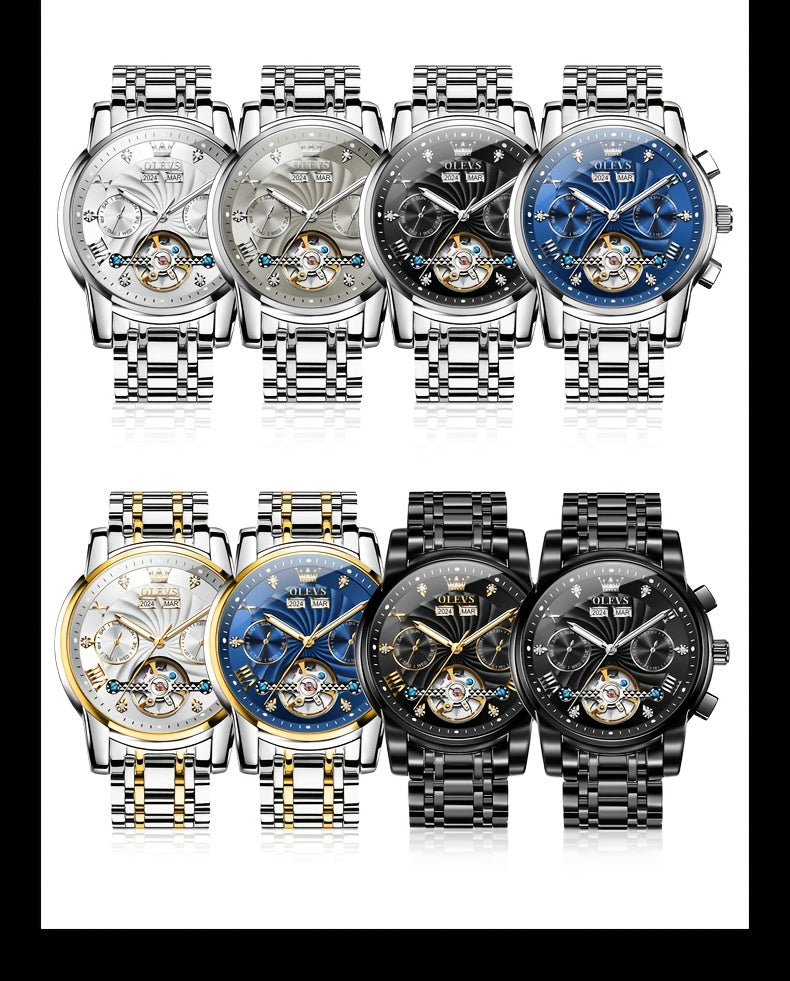 OLEVS Men's Mechanical Watch — Automatic Stainless Steel Wristwatch with Luminous Dual-Calendar Large Dial