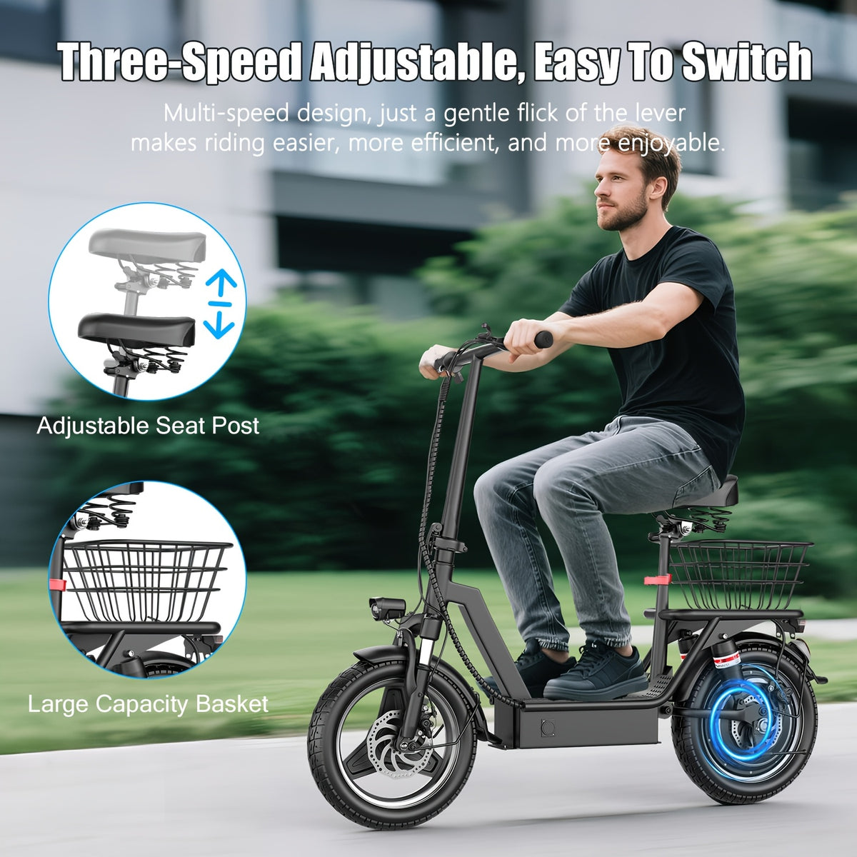 749W Electric Scooter with Seat, 48V 15AH Large-Capacity Battery, 35-mile Long Range & 19.9 MPH Speed, 14" Pneumatic Tire, Height-Adjustable Seat & Handlebar, Dual-Suspension Commuting Scooter with Basket