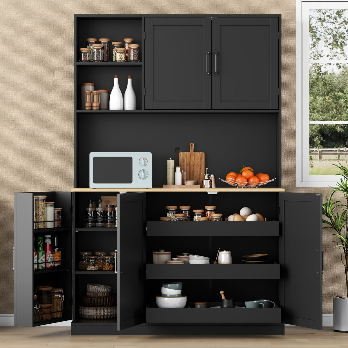 71-Inch Tall Kitchen Pantry Cabinet Featuring Three Pull-Out Drawers, Spacious Storage with Hutch And Door Shelves, And a Pantry Organizer That Includes a Microwave And Coffee Stand for The Dining Area, in White