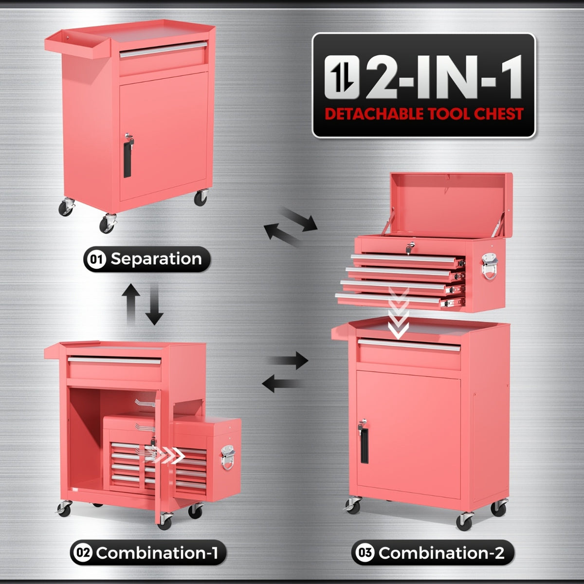 Versatile 5-Drawer Rolling Tool Chest with Detachable Top Tool Box, Tool Storage Cabinet with Universal Lockable Wheels, 2 in 1 Metal Tool Cart for Home Office, Garage, Warehouse, Workshop, Barbershop