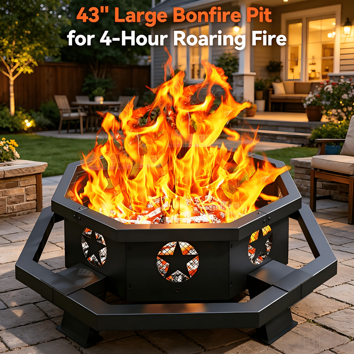 43 Inch Fire Pit For Outside Wood Burning, Outdoor Octagonal Fire Pit With Poker, Large Firepit For Camping, Backyard, Patio, Black
