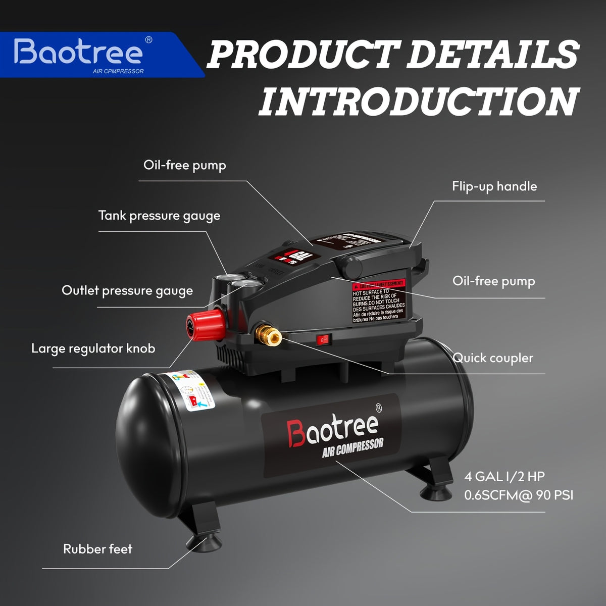 [Portable Ultra Quiet] 4 Gallon Portable Ultra Quiet Air Compressor, Max 110PSI Oil Free Air Compressor Tank, 0.5HP Motor 0.6SCFM@90 PSI, 1.0SCFM@40PSl Garage Air Compressors For Car Repair, Spray Painting, Woodwork Nailing