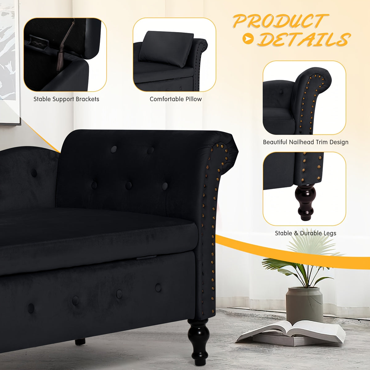 ACMEASE 57" Velvet Upholstered Storage Chaise Lounge With Pillow, Nailhead Trim Chaise Sofa For Living Room