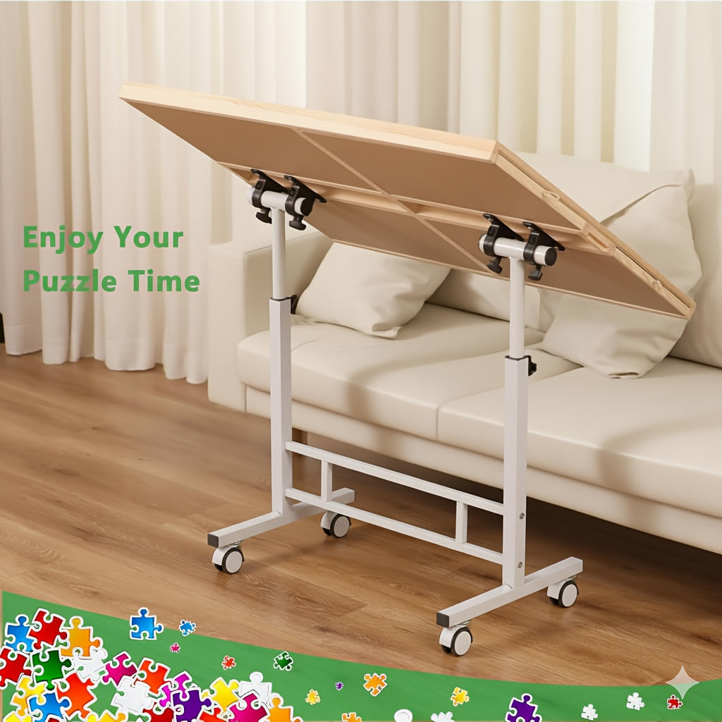Adjustable Height Puzzle Table with Tilt Board And Sorting Trays, 35 X 26 Inches Large Puzzle Table for Up to 1500pcs, Smooth 28.4-35.4 Inch Height Range, Rolling Wheels, Stable Metal Frame, Portable Puzzle Station for Adults Seniors