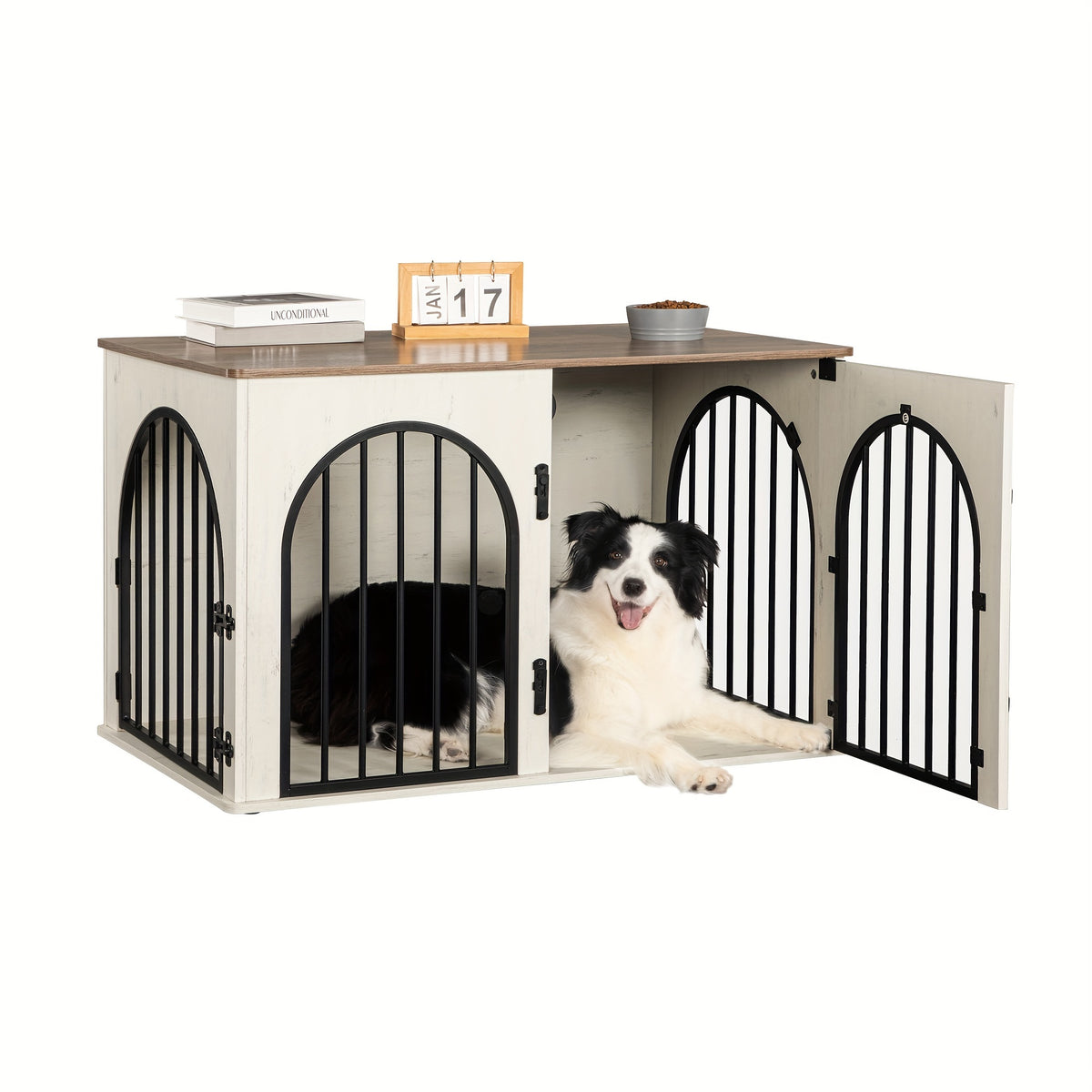 39.4'' Dog Crate Furniture - Dog Kennel Indoor Arched Door Design, Wooden Dog Crate Furniture For Small/Medium/Large Dog, Side Table, TV Stand, Anti-Chew, Anti-Escape - Rustic Brown, Black Gold, Greige Black, White Brown - For Dog Owners - Provides Safe &