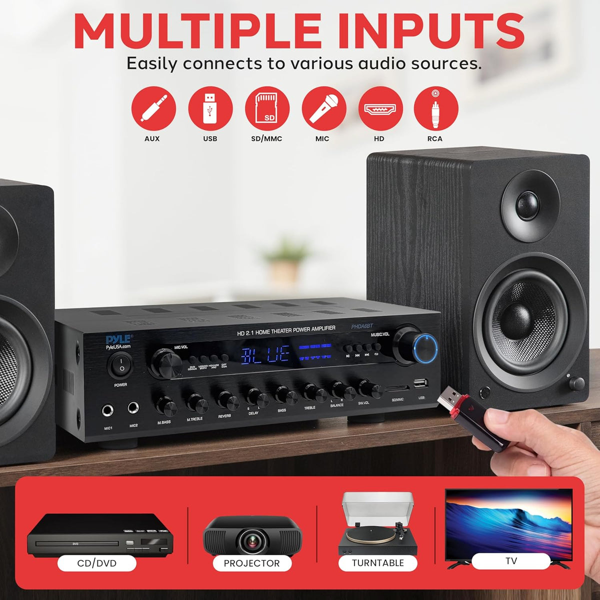 Home Entertainment Audio Amplifier with Bluetooth Wireless Streaming – Karaoke-Ready Stereo Receiver featuring Dual Microphone Inputs, USB-A and SD Card Media Support, FM Radio Function, and Multiple Audio Input and Output Options for Home Theater, Music